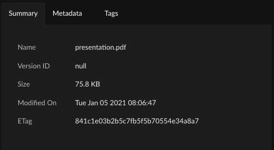 Metadata Tab View Object Information, Metadata, and Tags β Zenko 2.6.1 documentation